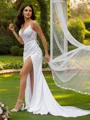 Sheath/Column Charmeuse Lace V-neck Sleeveless Court Train Wedding Dresses
