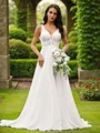 A-Line/Princess Chiffon Lace V-neck Sleeveless Court Train Wedding Dresses