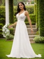 A-Line/Princess Chiffon Lace V-neck Sleeveless Court Train Wedding Dresses
