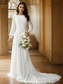 A-Line/Princess Chiffon Lace Scoop Long Sleeves Court Train Wedding Dresses