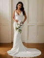 Sheath/Column Stretch Crepe V-neck Sleeveless Court Train Wedding Dresses