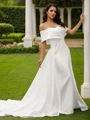 Sheath/Column Satin Ruched Off-the-Shoulder Sleeveless Chapel Train Wedding Dresses