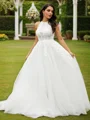 A-Line/Princess Tulle Lace Scoop Sleeveless Sweep Train Wedding Dresses