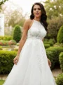 A-Line/Princess Tulle Lace Scoop Sleeveless Sweep Train Wedding Dresses