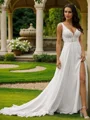 A-Line/Princess Chiffon Lace V-neck Sleeveless Sweep Train Wedding Dresses