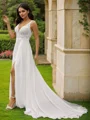 A-Line/Princess Chiffon Lace V-neck Sleeveless Sweep Train Wedding Dresses