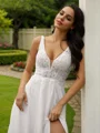 A-Line/Princess Chiffon Lace V-neck Sleeveless Sweep Train Wedding Dresses