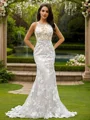 Sheath/Column Lace Scoop Sleeveless Sweep Train Wedding Dresses