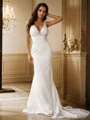Sheath/Column Stretch Crepe Lace V-neck Sleeveless Sweep Train Wedding Dresses