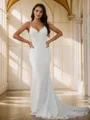 Sheath/Column Stretch Crepe Lace V-neck Sleeveless Court Train Wedding Dresses