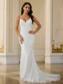 Sheath/Column Stretch Crepe Lace V-neck Sleeveless Court Train Wedding Dresses