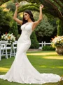 Sheath/Column Stretch Crepe Lace Scoop Sleeveless Court Train Wedding Dresses