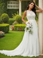 A-Line/Princess Chiffon Lace Scoop Sleeveless Sweep Train Wedding Dresses