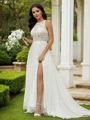 A-Line/Princess Chiffon Lace Scoop Sleeveless Sweep Train Wedding Dresses
