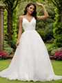 Ball-Gown Satin Ruffles V-neck Sleeveless Sweep Train Wedding Dresses
