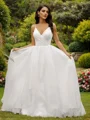 Ball-Gown Satin Ruffles V-neck Sleeveless Sweep Train Wedding Dresses