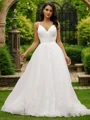 Ball-Gown Satin Ruffles V-neck Sleeveless Sweep Train Wedding Dresses