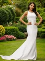 Sheath/Column Stretch Crepe Lace Scoop Sleeveless Sweep Train Wedding Dresses