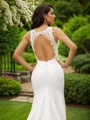 Sheath/Column Stretch Crepe Lace Scoop Sleeveless Sweep Train Wedding Dresses