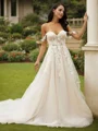 A-Line/Princess Tulle Applique Off-the-Shoulder Sleeveless Chapel Train Wedding Dresses
