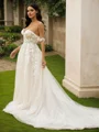 A-Line/Princess Tulle Applique Off-the-Shoulder Sleeveless Chapel Train Wedding Dresses