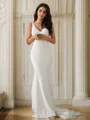Sheath/Column Stretch Crepe Lace V-neck Sleeveless Sweep Train Wedding Dresses