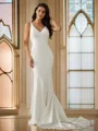 Sheath/Column Stretch Crepe Lace V-neck Sleeveless Sweep Train Wedding Dresses