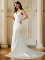 Sheath/Column Stretch Crepe Lace V-neck Sleeveless Sweep Train Wedding Dresses