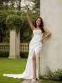 Sheath/Column Stretch Crepe Ruched Spaghetti Straps Sleeveless Sweep Train Wedding Dresses
