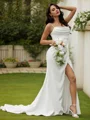 Sheath/Column Stretch Crepe Ruched Spaghetti Straps Sleeveless Sweep Train Wedding Dresses