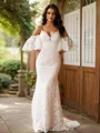 Sheath/Column Lace V-neck Short Sleeves Sweep Train Wedding Dresses