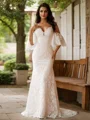 Sheath/Column Lace V-neck Short Sleeves Sweep Train Wedding Dresses