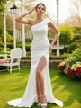 Sheath/Column Charmeuse Ruched One-Shoulder Sleeveless Court Train Wedding Dresses
