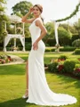 Sheath/Column Charmeuse Ruched One-Shoulder Sleeveless Court Train Wedding Dresses