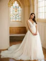 A-Line/Princess Tulle Applique V-neck Sleeveless Cathedral Train Wedding Dresses