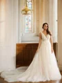 A-Line/Princess Tulle Applique V-neck Sleeveless Cathedral Train Wedding Dresses