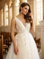 A-Line/Princess Tulle Applique V-neck Sleeveless Cathedral Train Wedding Dresses