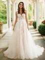 A-Line/Princess Tulle Applique V-neck Sleeveless Chapel Train Wedding Dresses