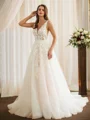 A-Line/Princess Tulle Applique V-neck Sleeveless Chapel Train Wedding Dresses