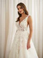 A-Line/Princess Tulle Applique V-neck Sleeveless Chapel Train Wedding Dresses