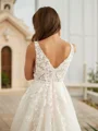 A-Line/Princess Tulle Applique V-neck Sleeveless Chapel Train Wedding Dresses