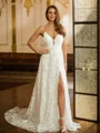 A-Line/Princess Lace V-neck Sleeveless Chapel Train Wedding Dresses