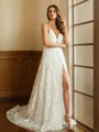 A-Line/Princess Lace V-neck Sleeveless Chapel Train Wedding Dresses