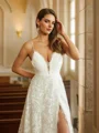 A-Line/Princess Lace V-neck Sleeveless Chapel Train Wedding Dresses