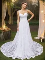 A-Line/Princess Lace Spaghetti Straps Sleeveless Chapel Train Wedding Dresses