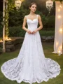 A-Line/Princess Lace Spaghetti Straps Sleeveless Chapel Train Wedding Dresses