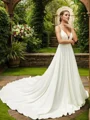 A-Line/Princess Stretch Crepe Lace V-neck Sleeveless Cathedral Train Wedding Dresses
