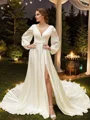 A-Line/Princess Satin Chiffon Ruched V-neck Long Sleeves Cathedral Train Wedding Dresses