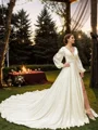 A-Line/Princess Satin Chiffon Ruched V-neck Long Sleeves Cathedral Train Wedding Dresses