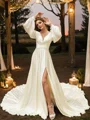 A-Line/Princess Satin Chiffon Ruched V-neck Long Sleeves Cathedral Train Wedding Dresses